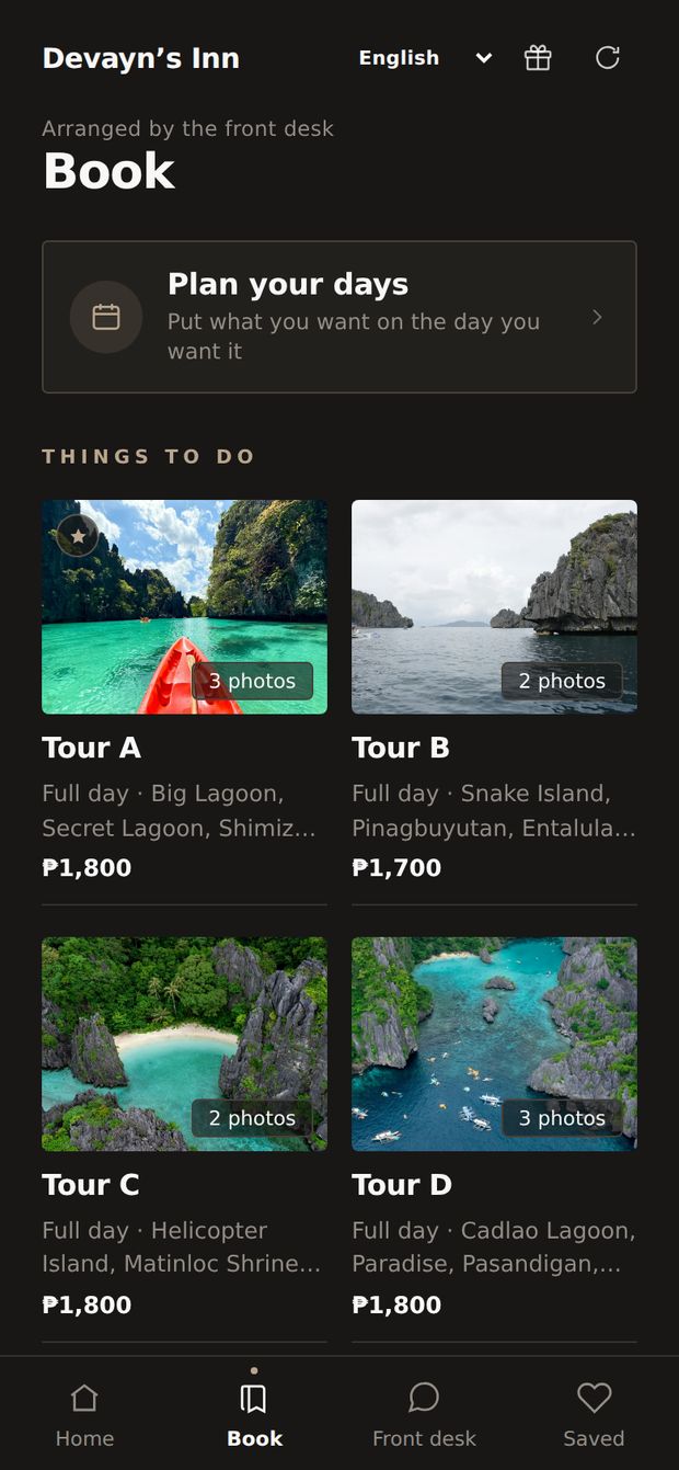 Devayn’s Inn’s Book tab: island-hopping tours A to D with her prices.