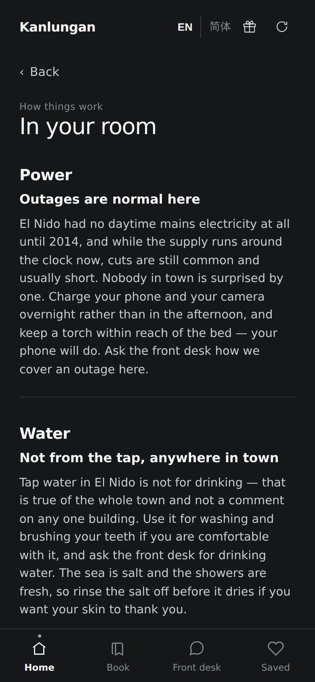 The in-room guide: how the power and the water work, answered on the guest’s phone.