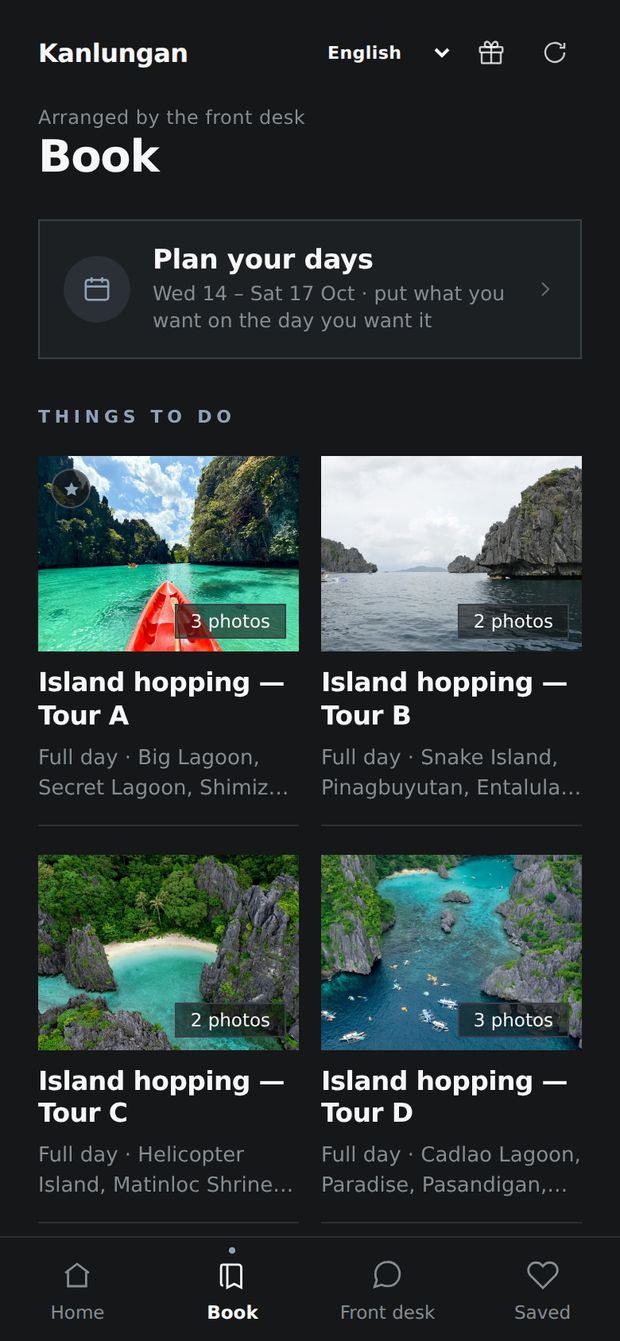 The Book tab: four island-hopping tours with photographs.
