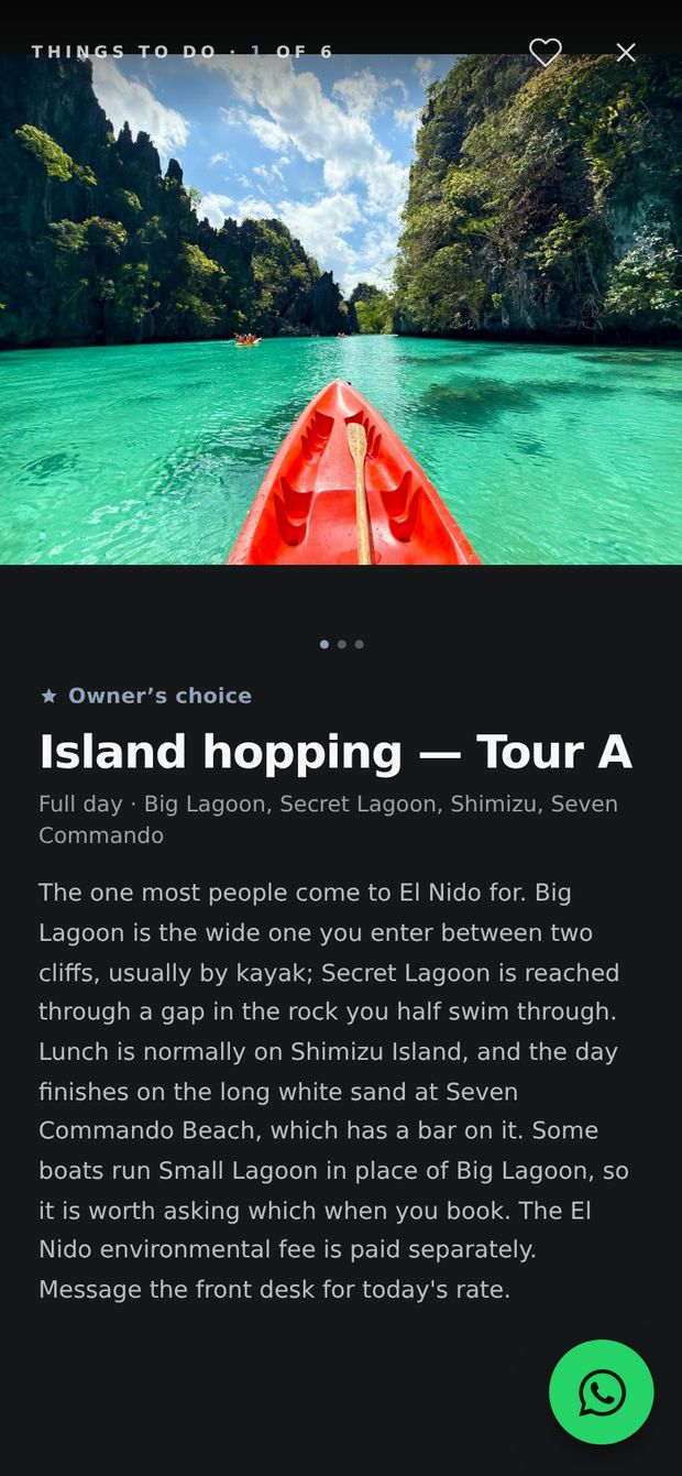 One tour open, with a green WhatsApp button to the front desk.