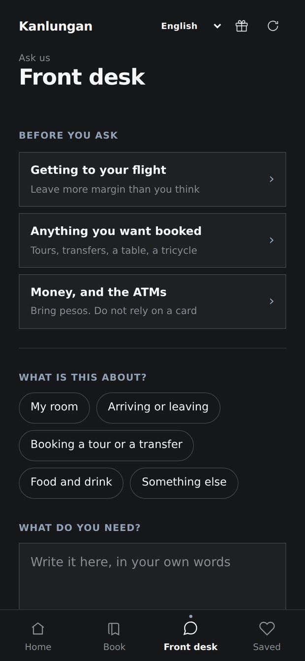 The Front desk tab: common answers first, then the guest picks a topic.