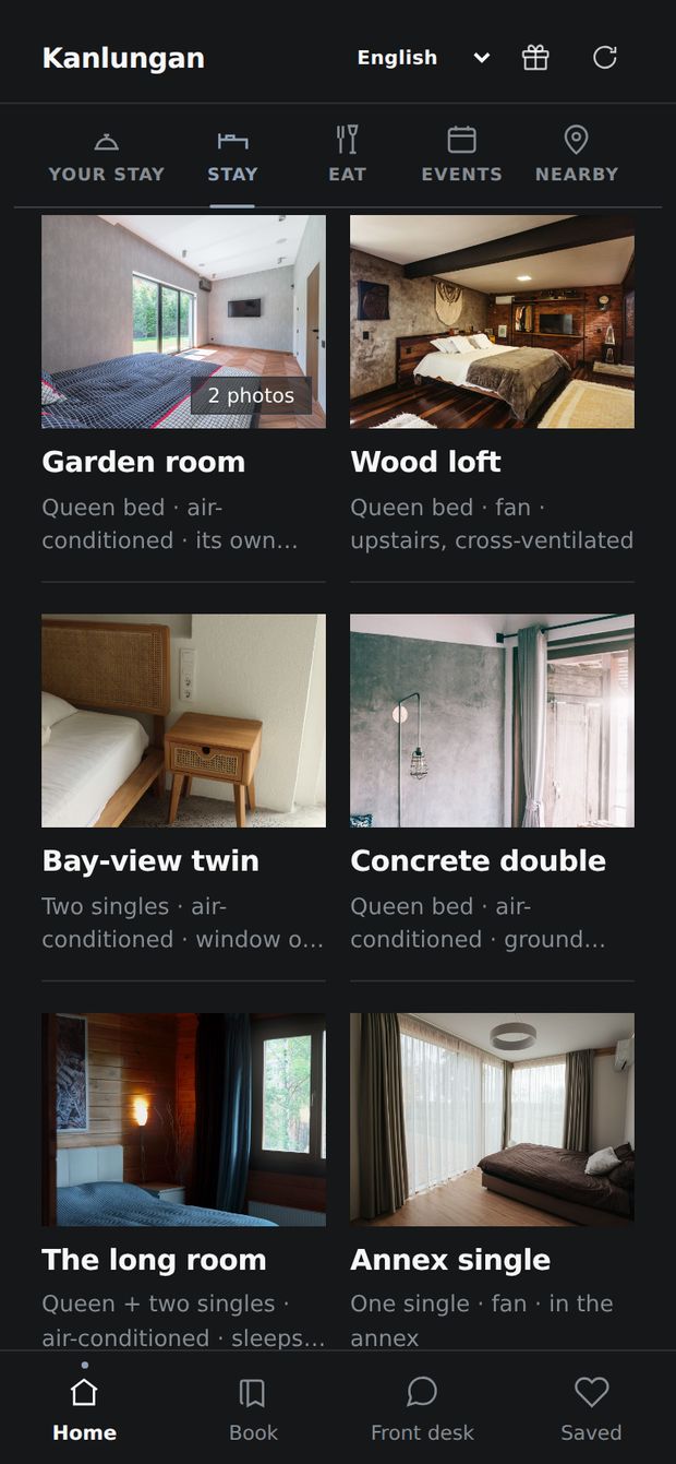 The hotel's rooms, each with a photograph.
